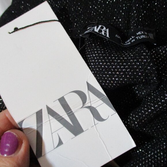 NEW ZARA Glitter Trouser PANTS Legging BLACK SILVER L - Picture 3 of 5